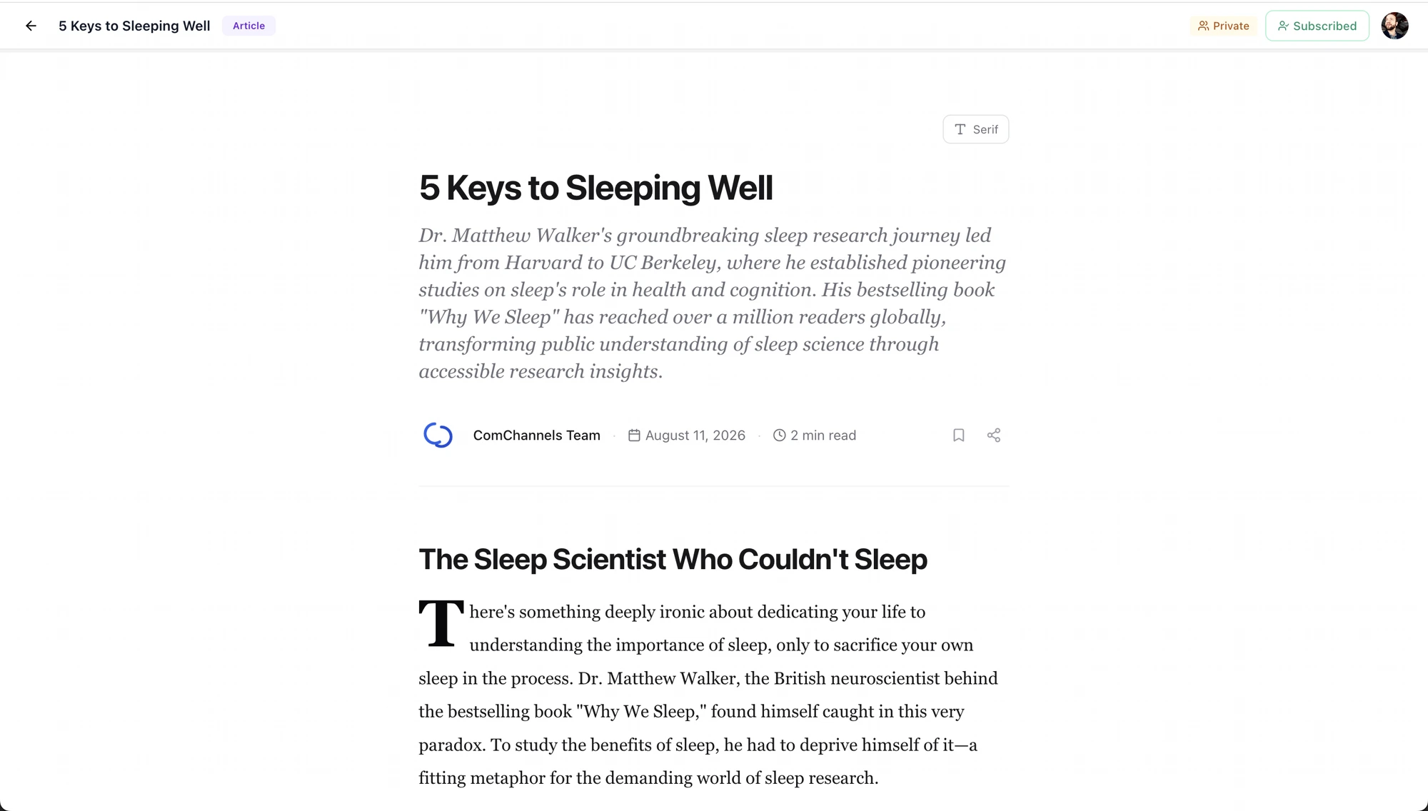 Article shape — a private Channel titled "5 Keys to Sleeping Well" with a serif hero, italic dek, byline, and read-time.