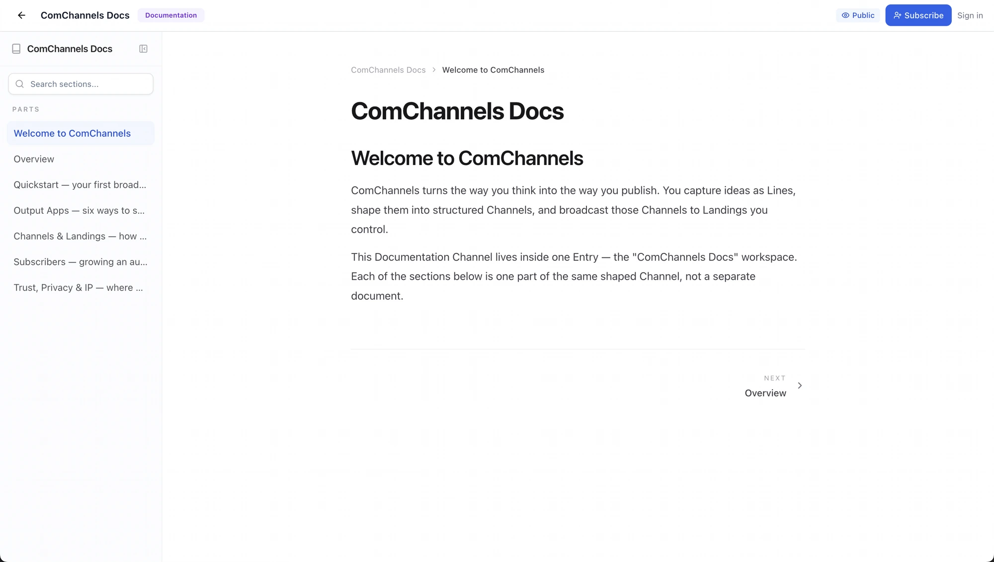 The ComChannels Docs Channel — a Documentation shape with a Parts sidebar and welcome section, published on the Landing.