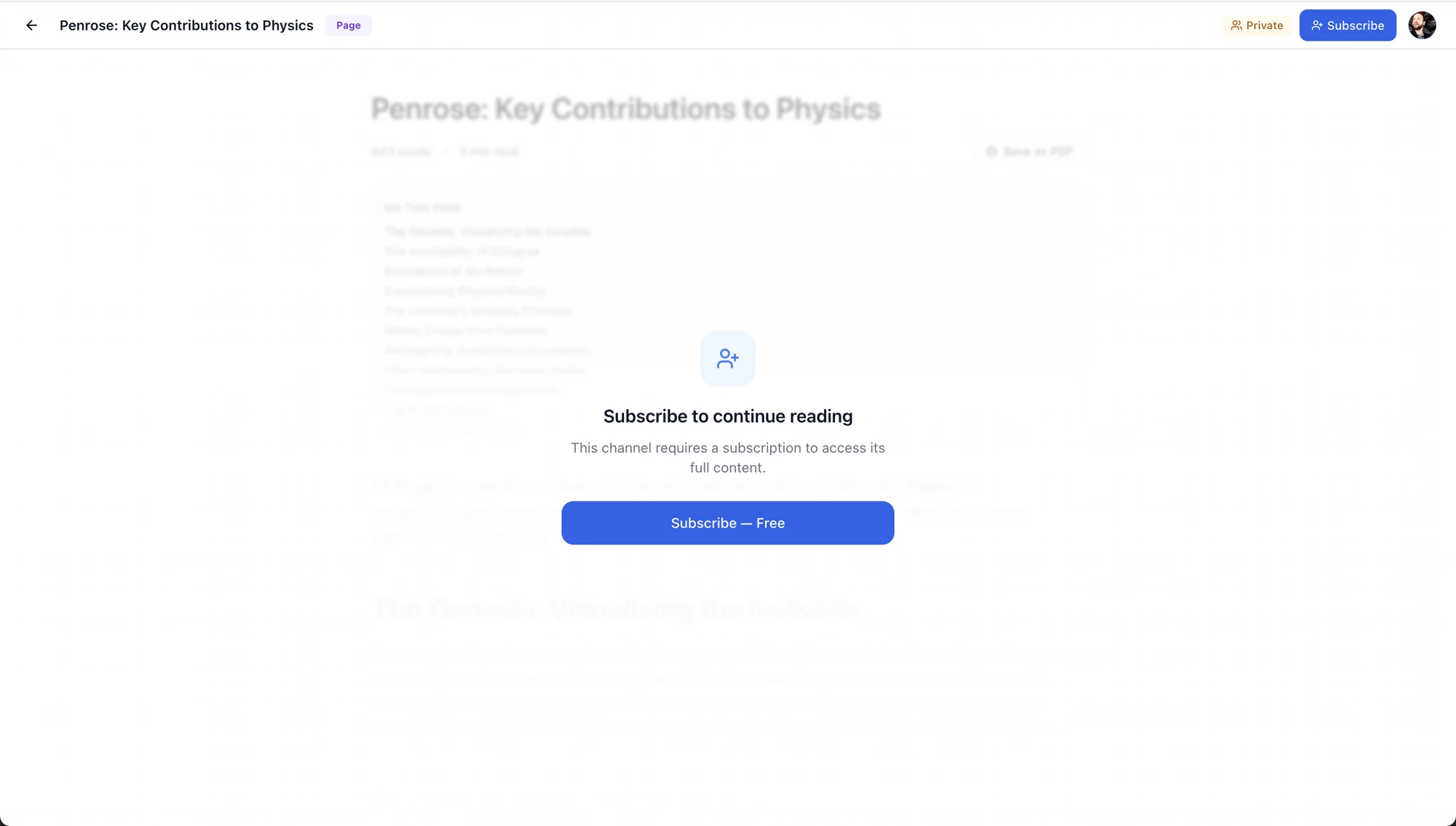 Subscribe-gate variant — a Private Channel showing a "Subscribe to continue reading" overlay with a "Subscribe — Free" call to action, and blurred body content behind.