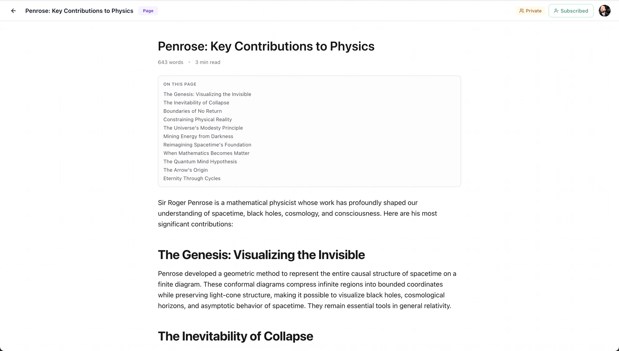 Page shape — a single-page Channel titled "Penrose: Key Contributions to Physics" with an on-this-page mini-TOC.